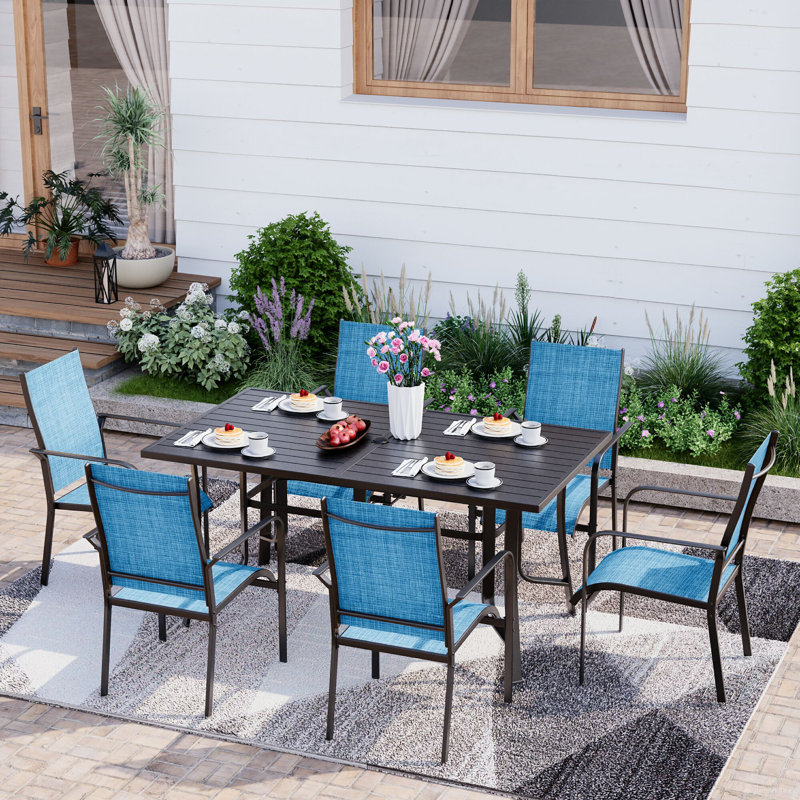 7 Piece Patio Dining Set, Outdoor Dining Table And Chairs Set For 6, 6 PVC-coated polyester Chairs, 1 Iron Rectangular Table With Adjustable Umbrella Hole, Patio Furniture Set For Deck, Backyard, Lawn, Poolside