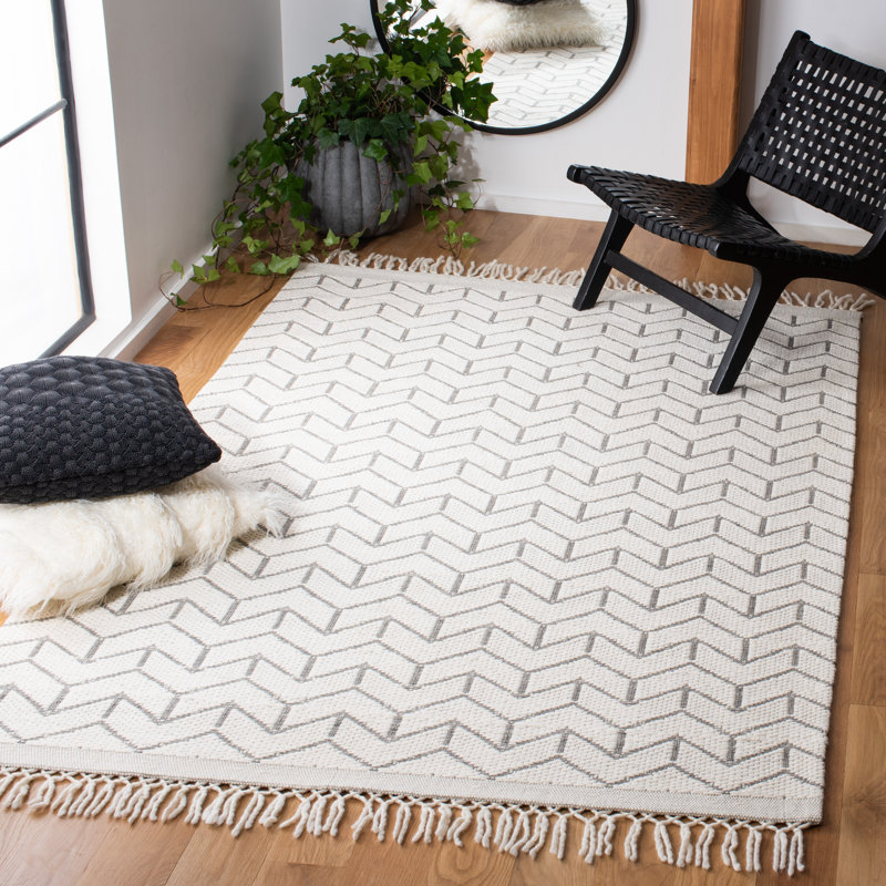 Aloin Hand Loomed Nz Wool/Cotton Geometric Rug in Ivory, Rectangle 6' x 9'