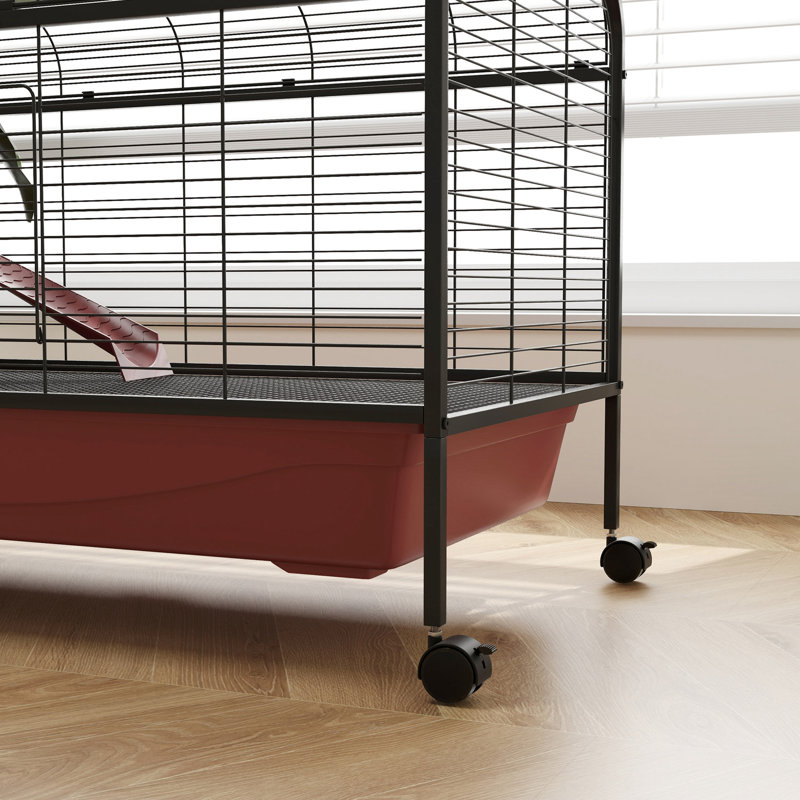 Maisonnette 48 po pour petits animaux - Maisonnette pour lapins et furets avec mangeoire, roues, plateforme, rampe rouge / noir L Sanctuary rouge + noir