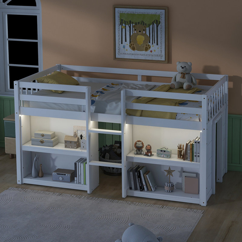 Lit mezzanine pour enfant taille basse avec tablettes à deux niveaux et lumière DEL, Blanc