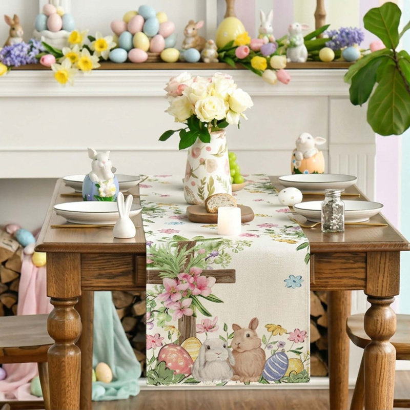 Easter Table Runner Bunny Rabbits Eggs He Is Risen Seasonal Spring Kitchen Dining Table Decoration for Home Party