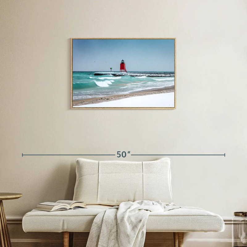 Vue du phare de Charlevoix, Cadre flottant en bois naturel, 31 po x 21 po