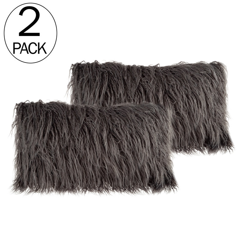 12x20 Plush Lumbar Faux Fur Pillows – 2-Pack Decorative Pillow Insert and Shag Cover Set for Bedroom, Living Room, or Office by Lavish Home (Gray)