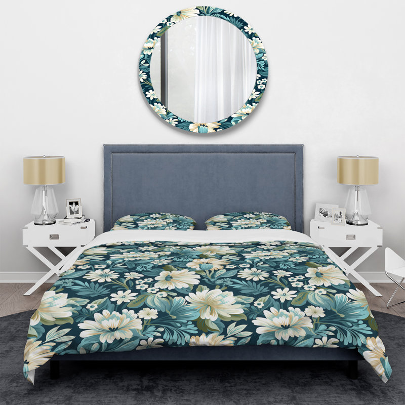 Ensemble de housse de couette en damas bohémien blanc et vert clair, Housse de couette pour grand lit et 2 taies décor