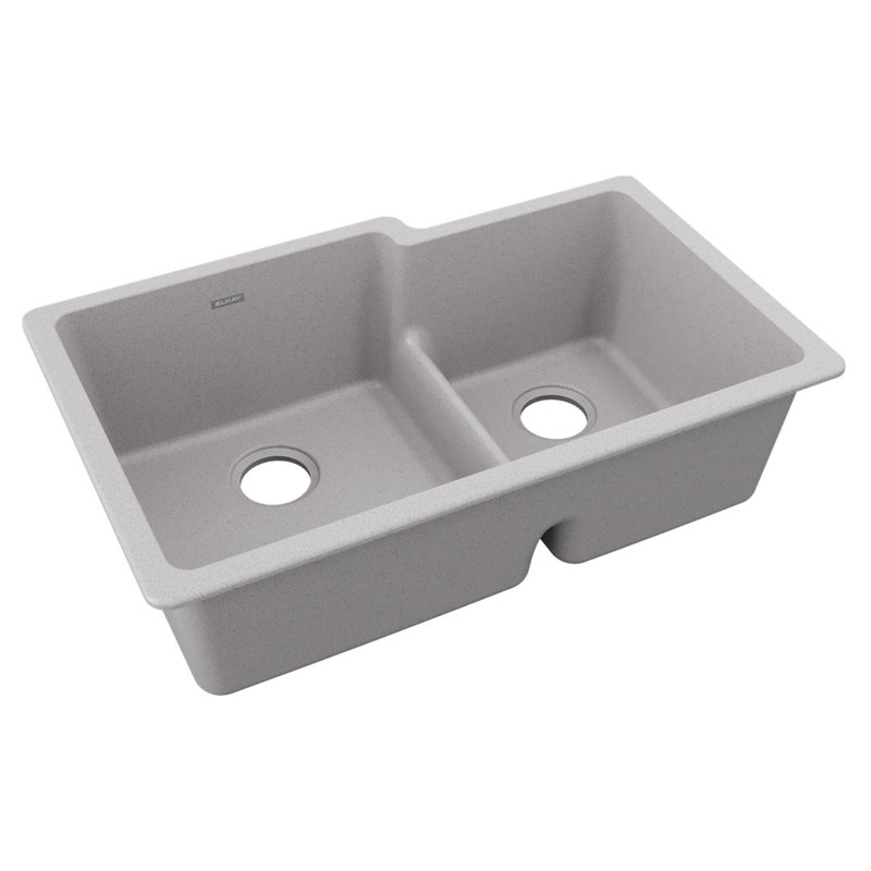 Elkay Quartz Classic 33" X 20-1/2" X 9-1/2", Offset 60/40 Double Bowl Undermount Sink With Aqua Divide, Greystone