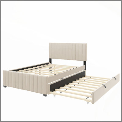 Lit plateforme double en velours avec lit gigogne simple, beige
