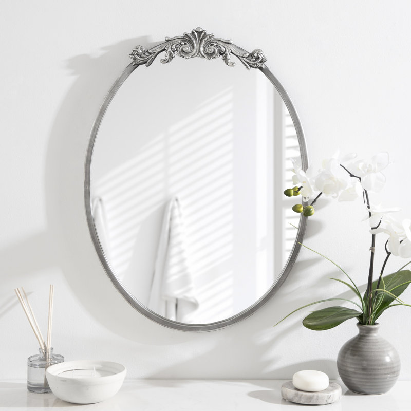 Damiere Metal Oval Mirror, Antique Silver