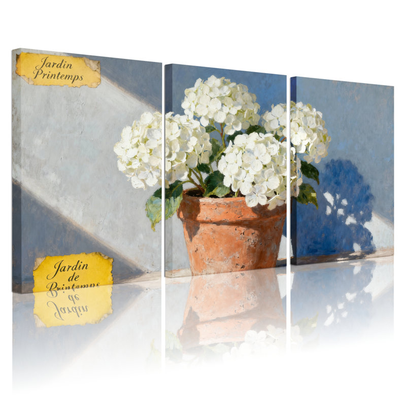 Fleurs d'hortensia en pot sur fond, ensemble de 3 impressions sur toile, H 36 po x l 72 po