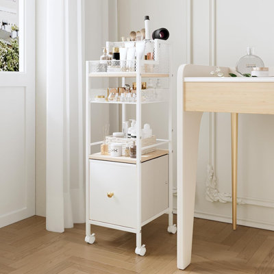 Floor Makeup Organizer Cart With Drawers, Narrow Skincare And Cosmetic Storage For Bathroom Vanity, Mobile Display Case For Makeup Brushes, Nail Polish, Perfume And Hair Tools