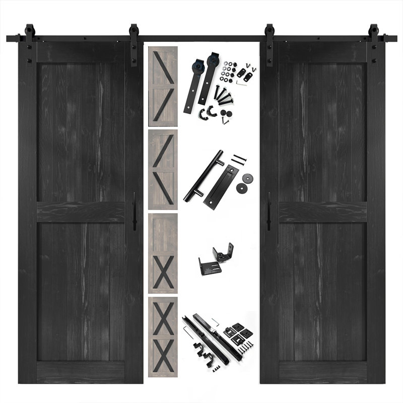 Porte de grange 80 po en bois massif semi-lustré avec quincaillerie d'installation, 32 po x 80 po