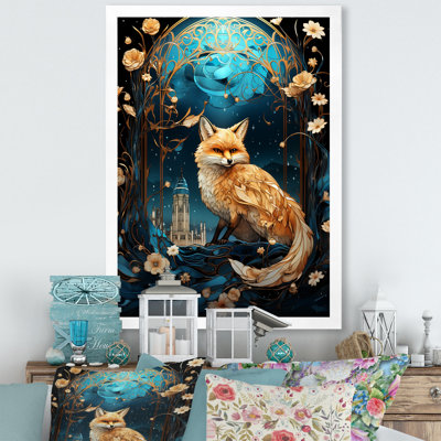 Beige et bleu clair de lune, forêt, renard, art mural animal