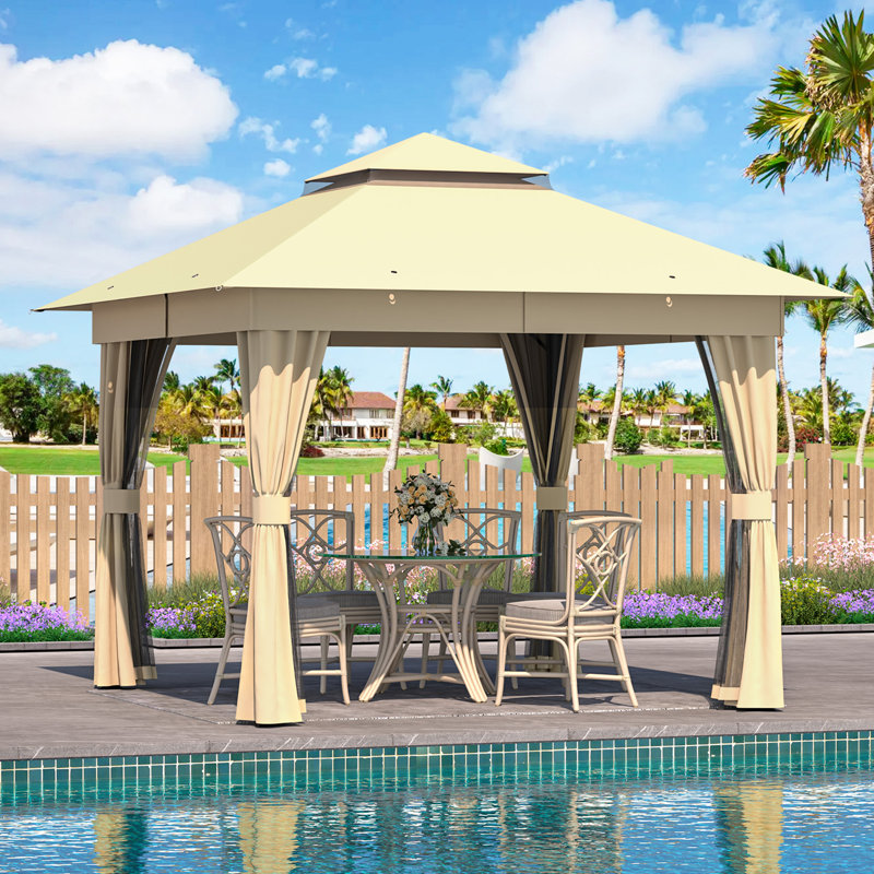 Outdoor 10'x10' Canopy Gazebo Kahaki, Metal Frame Canopy With Double Roofs, Heavy Duty Pavilion With Curtains And Nettings For Deck, Lawn And Backyard