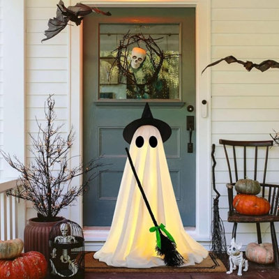 50,4 pouces décorations de fantômes d'Halloween avec balai de sorcière, fantôme effrayant avec lumières à DEL et minuterie, fantôme effrayant mignon avec chapeau de sorcière, décoration intérieure extérieure pour la cour de la maison, pelouse, 