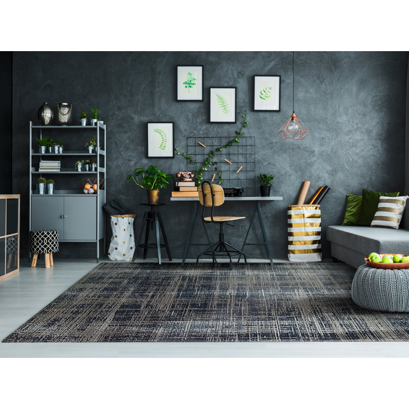 Tapis unique gris / bleu marine à motif abstrait, Rectangle 9 pi x 12 pi