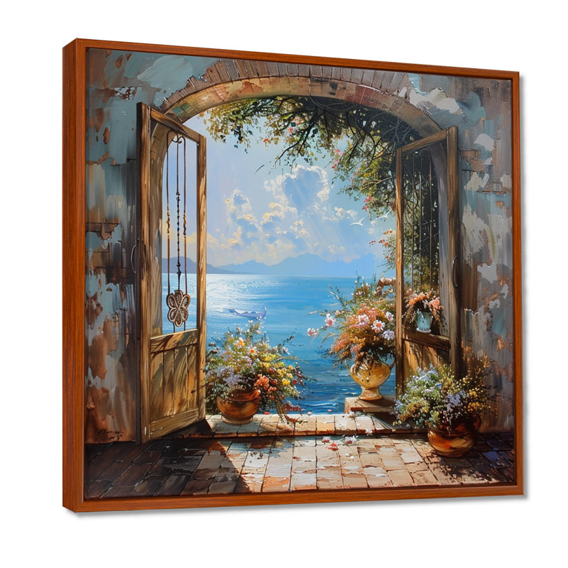 Fenêtre française vue sur l'horizon bleu méditerranéen - fenêtres encadrées côtières, H 30 po x l 30 po x P 1 po