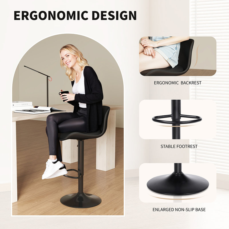 Classic Compact Bar Stool Set Of 2 - Swivel & Height Adjustable, Cat-scratch Resistant Fabric, For Kitchen & Living Room, Black