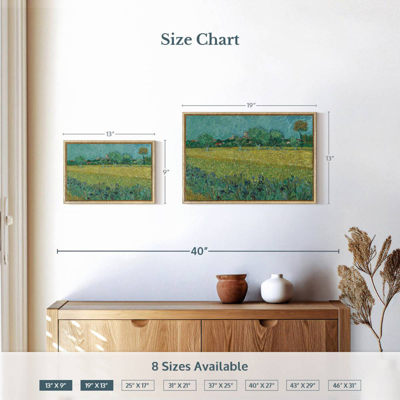 Champ avec des fleurs près d'Arles, 19 po x 13 po, Cadre flottant en bois naturel
