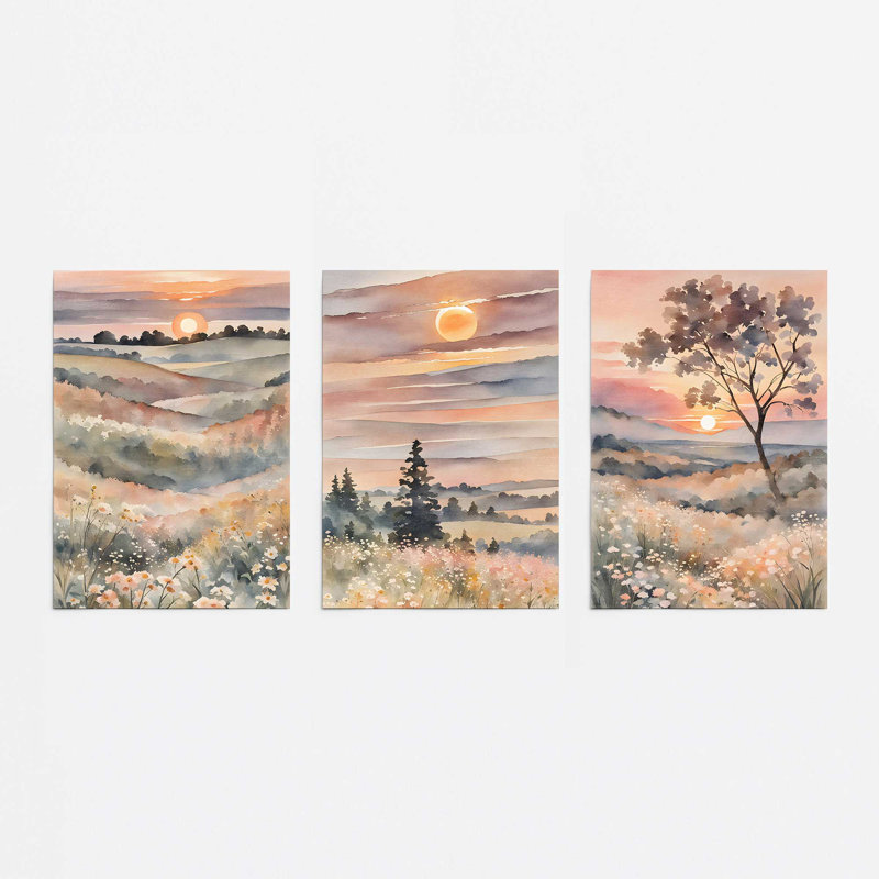Coucher de soleil dans la vallée en fleurs, ensemble de 3 impressions, Papier, H 10 po x l 16 po x P 0,1 po