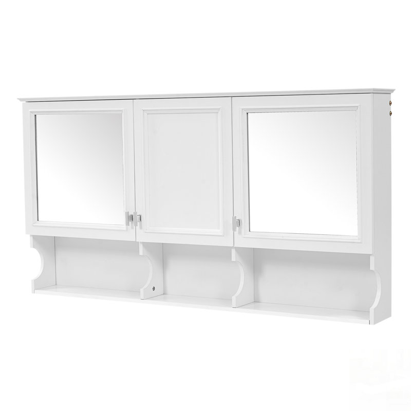 Wall Mounted Bathroom Mirror Cabinet With Open Shelves, Adjustable Shelf, And Hidden Storage