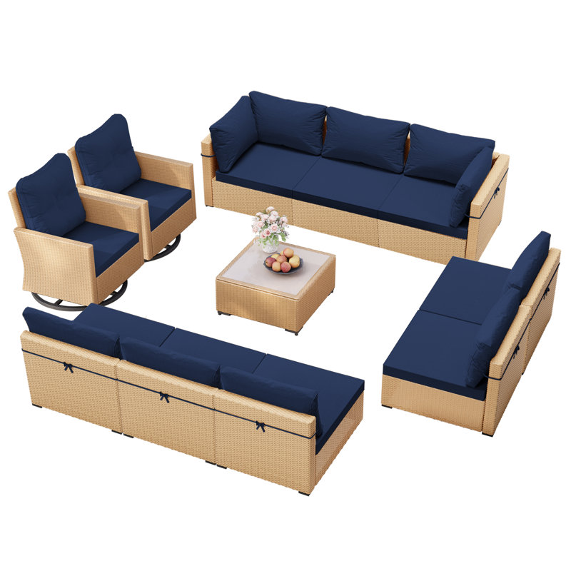 Ensemble de conversation pour 10 personnes avec coussins, Jaune, Bleu marine