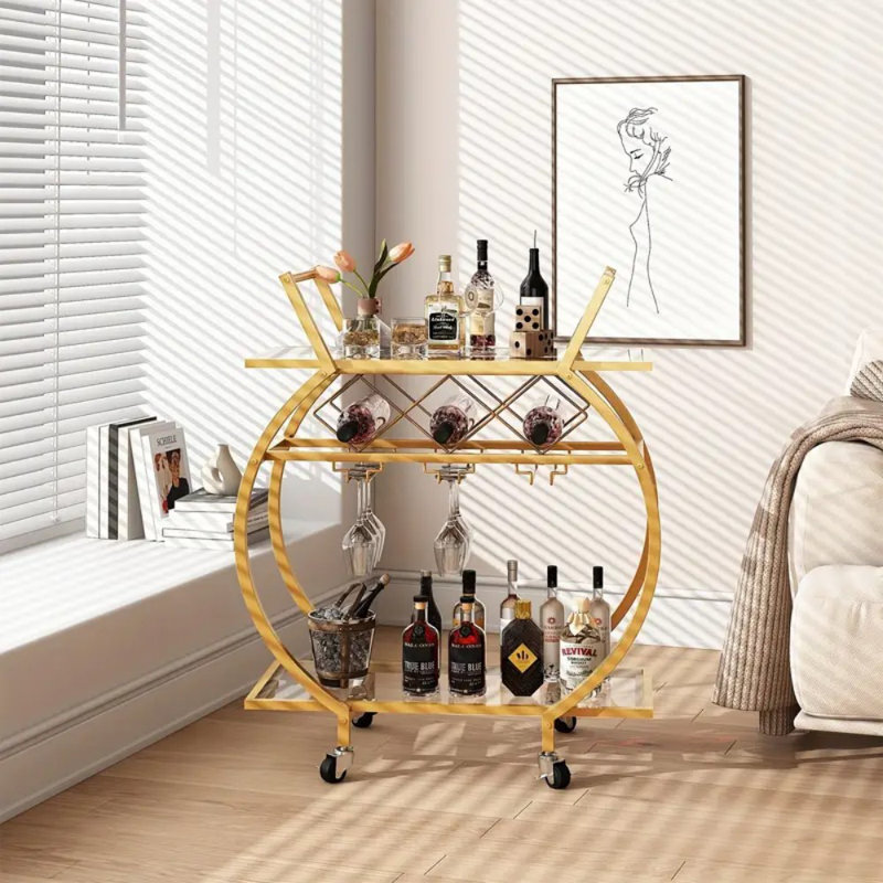 Bar Trolley 2 Tier Rolling Home Service Trolley With Wine Rack And Wheels, Modern Metal Round Wine Trolley, Industrial Mobile Storage Kitchen Trolley For Kitchen, Bar, Living Room, Bar Cart With Wheels, Tea Trolley, Serving Cart, Kitchen Cart, Rolling Ca