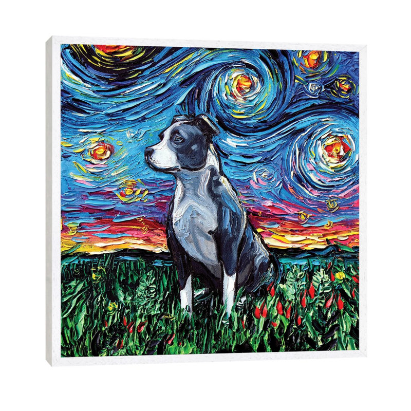 Pitbull Night by Aja Trier - Painting on Canvas, White Framed, 93.98 cm H x 93.98 cm W