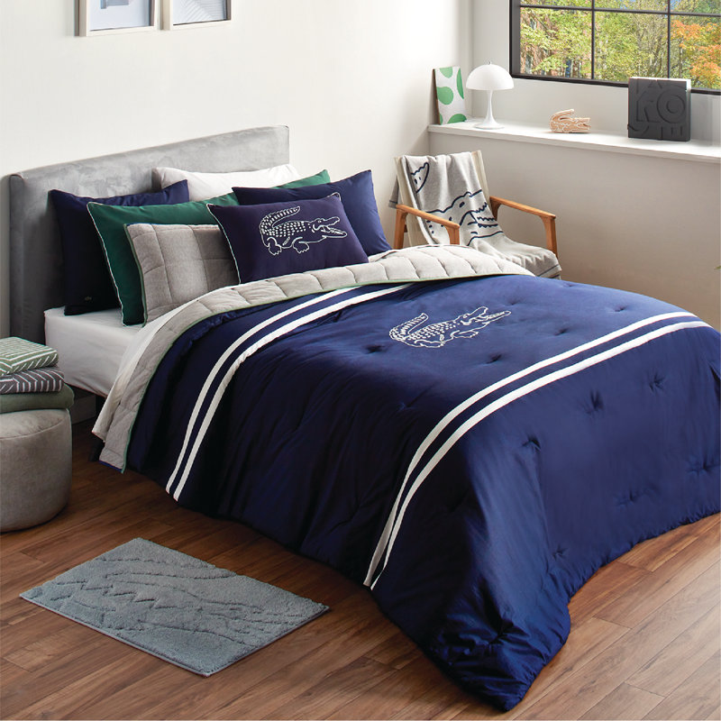 Lacoste Big Croc Cotton 3-Piece Comforter Set – Red, 100% Cotton Percale, Reversible Bedding Set with Embroidered Crocodile Shams, Navy, Full/Queen
