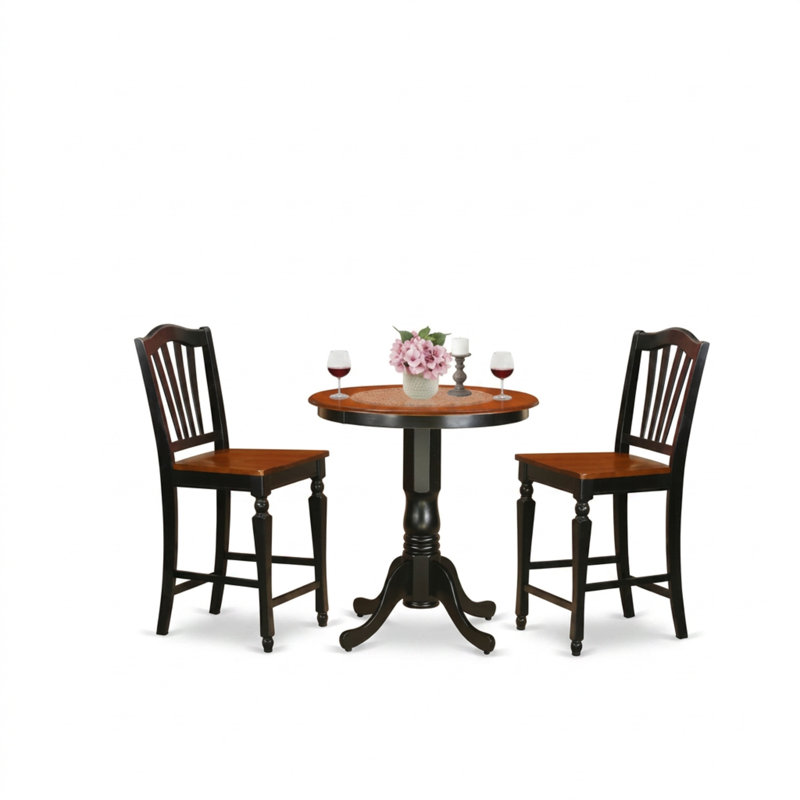 Ensemble de bar 3 pièces en bois massif noir chaleureux, comprenant une table haute ronde, deux tabourets, un pied central et des pattes en forme d'araignée.