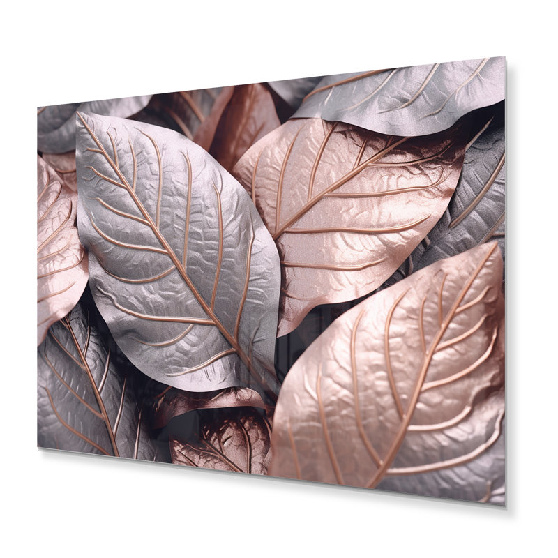 Or rose, feuilles et harmonie I - décoration murale florale en métal, H 12 po x l 20 po x P 1 po