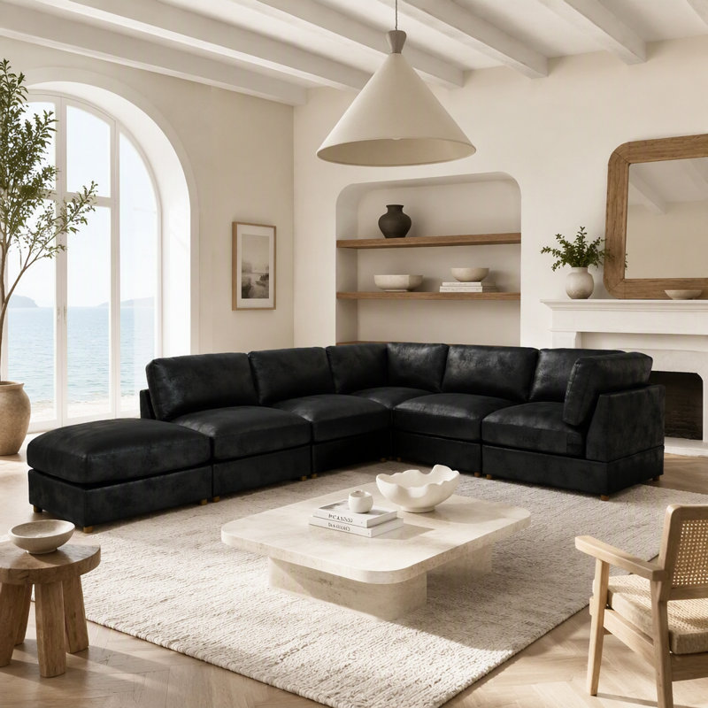 Canapé modulaire rembourré en velours côtelé, Black Faux Leather, Black