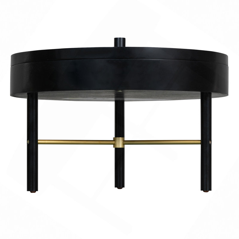 Table basse ronde moderne avec plateau rotatif en bois avec rangement et pieds en métal noir