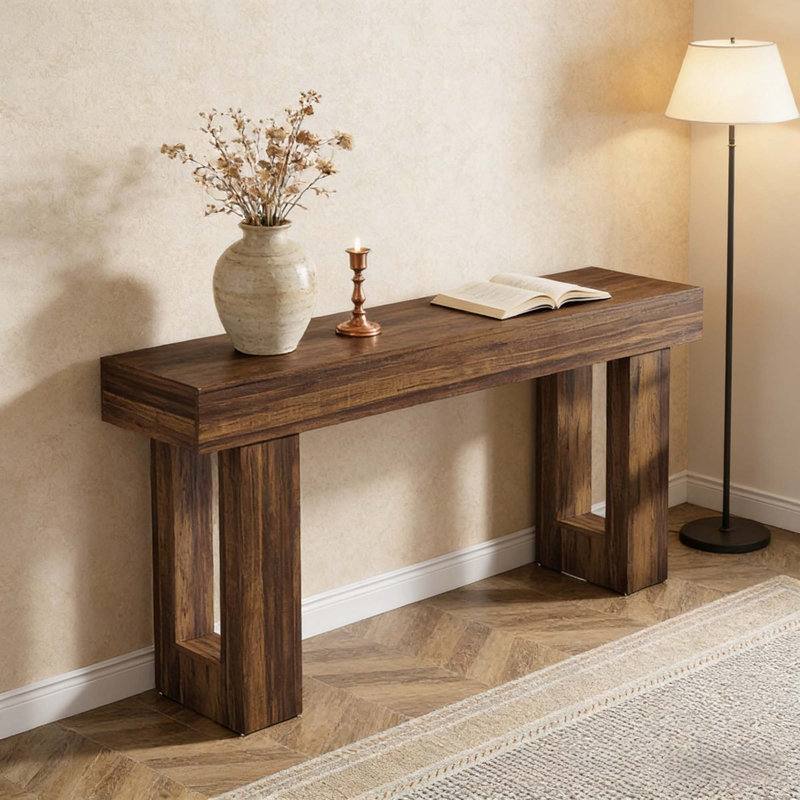 Table de canapé d'entrée en bois rustique, durable et polyvalente pour un décor champêtre et une utilisation fonctionnelle.