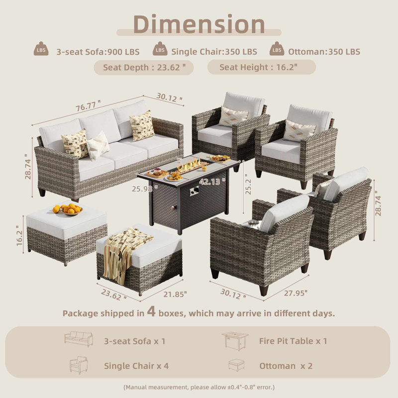 8 - Person Patio Furniture Set , Outdoor Wicker Rattan Seating Group With Cushions, All Weather Sofa Conversation Set With Fire Pit Table For Garden Backyard