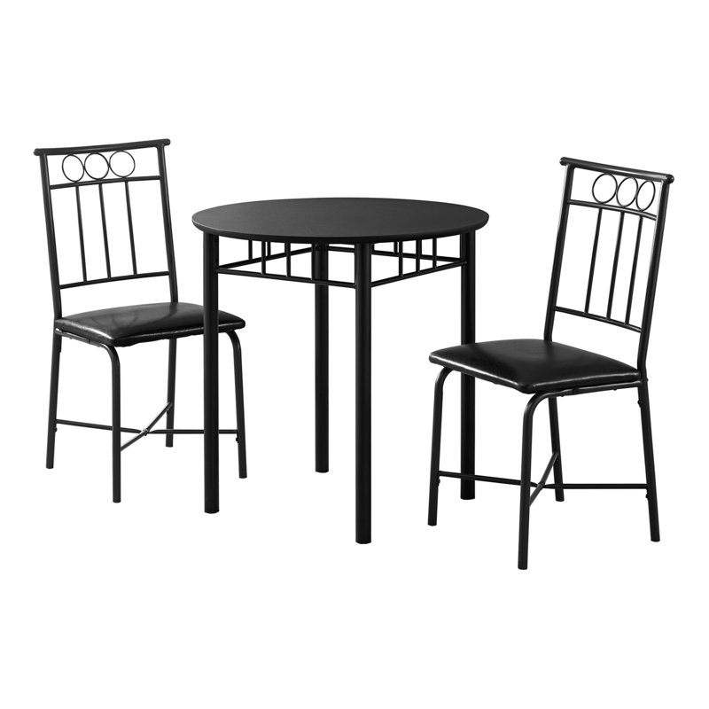 Ensemble de table de salle à manger, ensemble de 3 pièces, petit, rond 30 po, cuisine, métal noir et stratifié, aspect cuir, contemporain, moderne