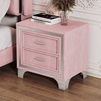 2 tables de chevet dans la chambre - velours rose, pieds en métal, idée d'économie d'espace avec cadre 2 tiroirs,