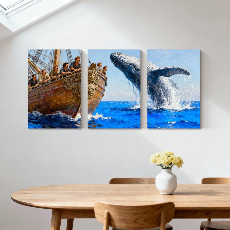 «Nautical Ship Crew Whale Ocean Adventure», ensemble de 3 impressions d'art sur toile, H 18 po x l 36 po