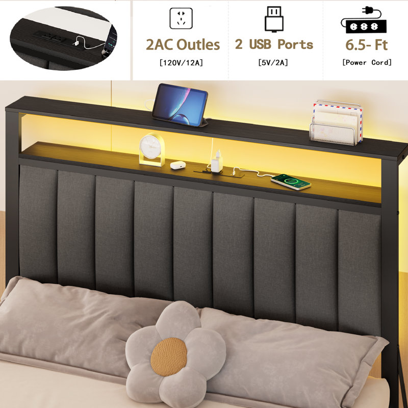 Structure de lit avec station de charge, lumières DEL, tête de lit tapissier, étagère de rangement à 2 niveaux, Lit double