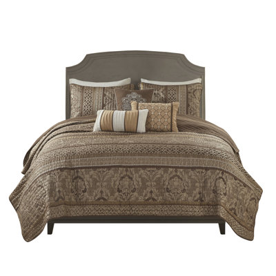Full/Queen 6 Piece Quilt - Brown/Gold Material, Leaf & Motifs, Embroidery Pillow Details With Throw Pillows Brown And Gold , Details, Easy To Clean