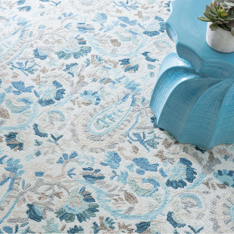 Ines Paisley Hand-Hooked Wool Blue/Indigo/Charcoal Area Rug, Rectangle 7'6" x 9'6"