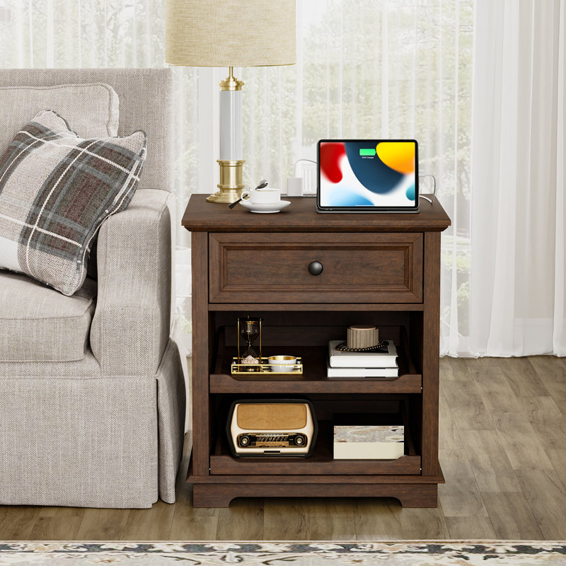Monrovia 1 - Drawer Tray End Tables with Storage and Built-in Outlets for Living Room,Bedroom,Office, Cherry