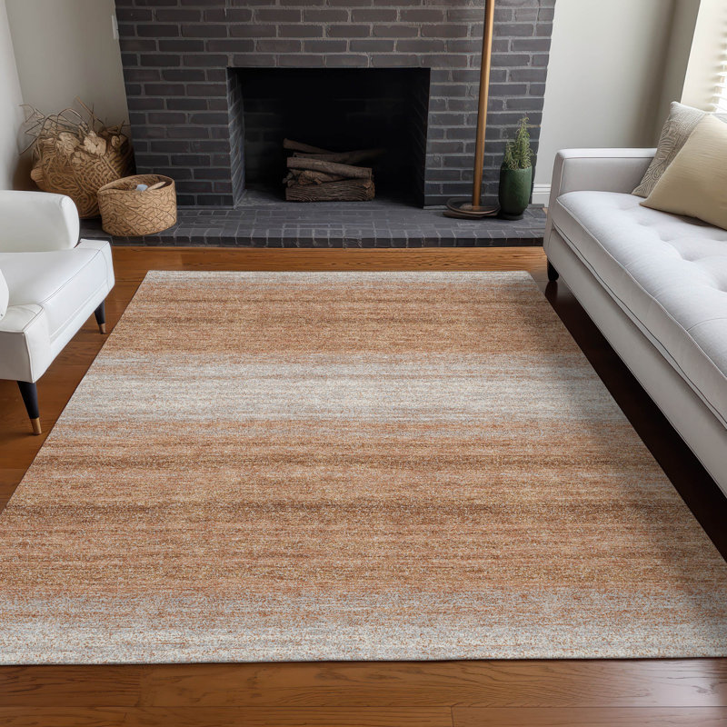 Copper and Beige 10' x 14' Synthetic Stripe Washable Rug