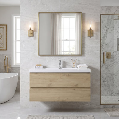 Meuble-lavabo mural en mélamine de bois naturel de 42 po avec lavabo intégré en résine et tiroirs à fermeture amortie, entièrement assemblé.