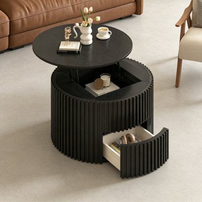 Table basse ronde à plateau relevable cannelé avec rangement caché, table d'appoint moderne en bois pour le salon, noir