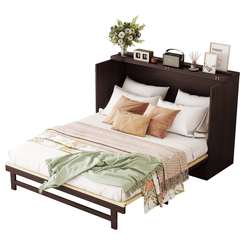 Grand lit escamotable, armoire-lit en bois de pin avec décoration en rotin et tiroir de rangement, Espresso