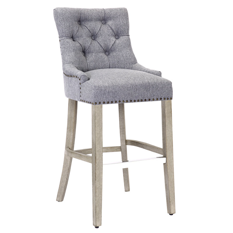 Linen Fabric Tufted Upholstered Counter Stool, Gray Linen/Antique Gray Frame, Bar Stool (29” Seat Height)
