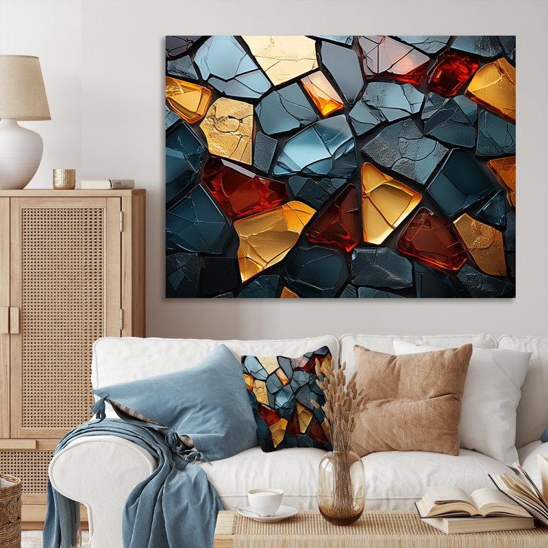 Carreaux de mosaïque cubiques dorés et bleus VI - décoration murale en marbre, H 16 po x l 32 po x P 1 po, Toile tendue