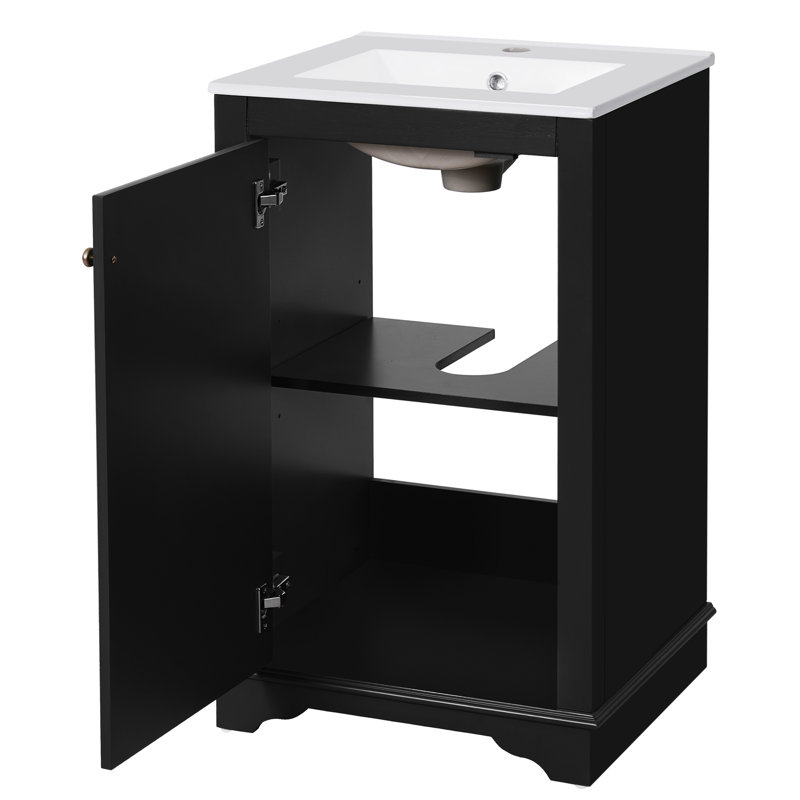 Meuble-lavabo contemporain noir de 20,1 po avec lavabo intégré, rangement à une porte, charnières à fermeture en douceur, tablette réglable, meuble-lavabo autoportant en pin massif et planches 20 po