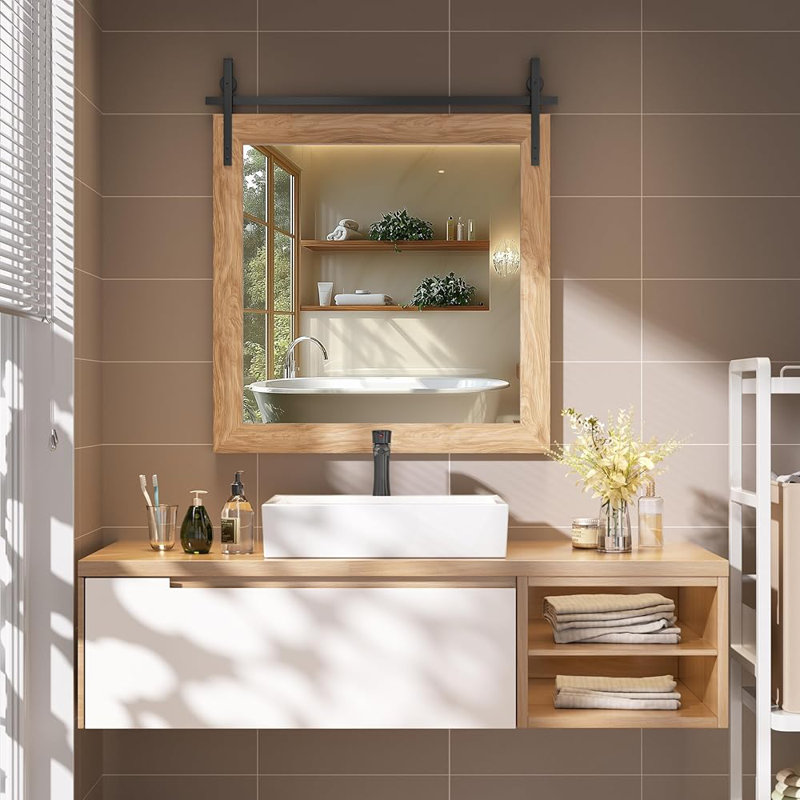 Miroir décoratif moderne en bois massif de style campagnard rustique, 31 po x 31 po, Brun