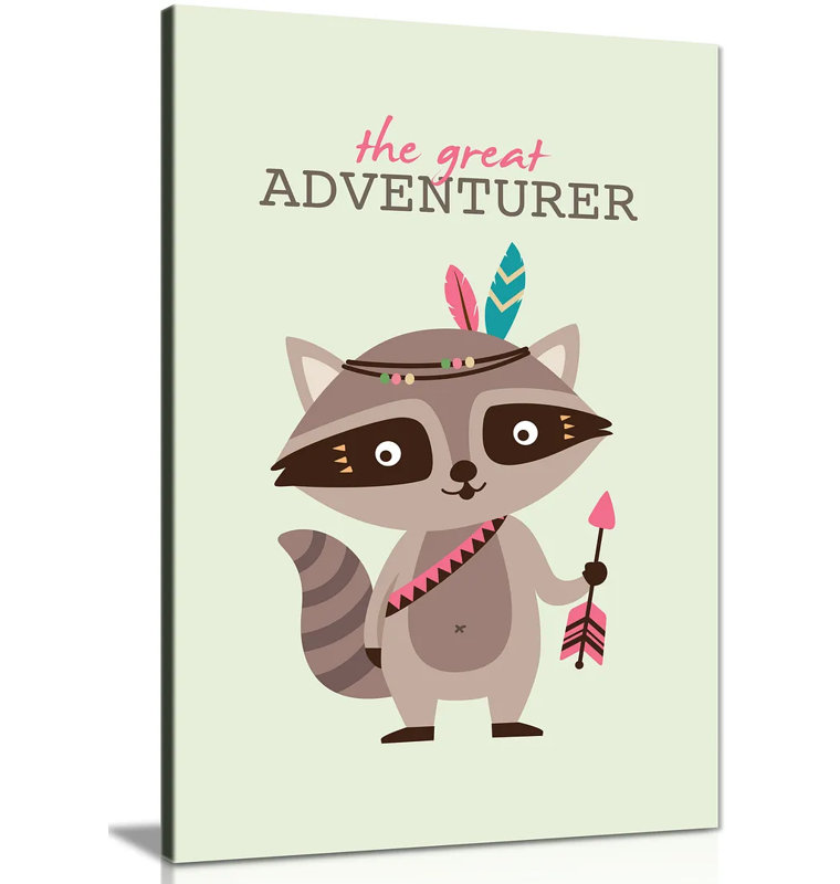 Kids Room Baby Nursery Decor Cherokee Racoon Quote The Great Adventurer - Wrapped Canvas Print, 91cm H x 61cm W
