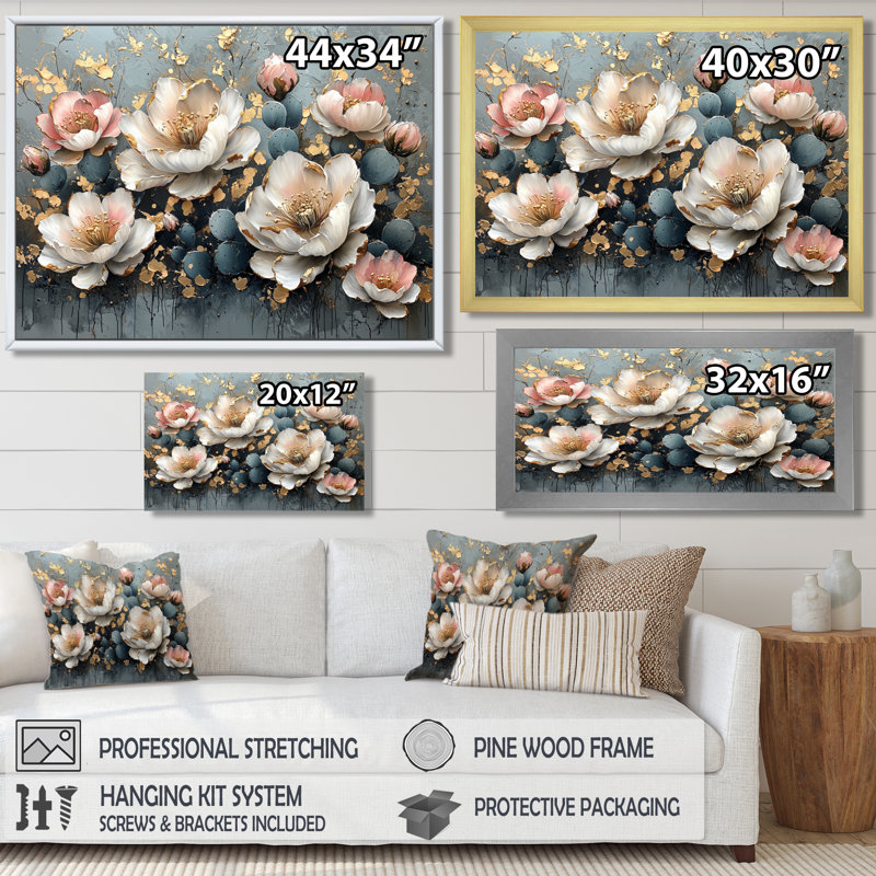 Printemps dansant de pivoines fleurs - pivoines, art mural pour le salon, H 30 po x l 40 po, Cadre flottant, Crème, crème